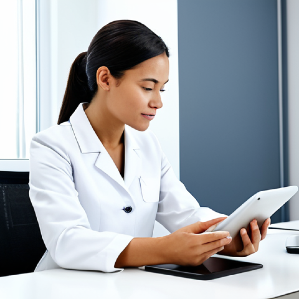 A professional female skincare consultant, fully clothed in a modest, pristine clinic uniform, is seated at a sleek white desk in a modern, brightly lit skincare clinic consultation room. She is looking at a digital tablet, diligently taking notes during a client consultation. Soft, natural light fills the room, highlighting the clean, organized environment. The image emphasizes professional data collection in a safe for work, appropriate content setting, with perfect anatomy, correct proportions, well-formed hands, proper finger count, and natural body proportions, captured with professional photography for a high-quality finish.