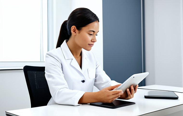 A professional female skincare consultant, fully clothed in a modest, pristine clinic uniform, is seated at a sleek white desk in a modern, brightly lit skincare clinic consultation room. She is looking at a digital tablet, diligently taking notes during a client consultation. Soft, natural light fills the room, highlighting the clean, organized environment. The image emphasizes professional data collection in a safe for work, appropriate content setting, with perfect anatomy, correct proportions, well-formed hands, proper finger count, and natural body proportions, captured with professional photography for a high-quality finish.