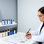 A professional esthetician in a modest, clean lab coat, meticulously examining intricate skin anatomy diagrams and various skincare product bottles on a brightly lit, sterile countertop in a modern esthetics laboratory. The esthetician is focused, with a thoughtful expression, surrounded by scientific charts detailing skin layers, cellular activity, and molecular structures. The setting emphasizes scientific understanding and precision. fully clothed, appropriate attire, safe for work, perfect anatomy, correct proportions, natural pose, well-formed hands, proper finger count, natural body proportions, professional dress, high quality, studio lighting, detailed, appropriate content.