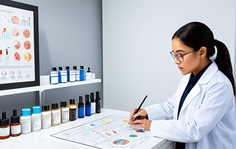 A professional esthetician in a modest, clean lab coat, meticulously examining intricate skin anatomy diagrams and various skincare product bottles on a brightly lit, sterile countertop in a modern esthetics laboratory. The esthetician is focused, with a thoughtful expression, surrounded by scientific charts detailing skin layers, cellular activity, and molecular structures. The setting emphasizes scientific understanding and precision. fully clothed, appropriate attire, safe for work, perfect anatomy, correct proportions, natural pose, well-formed hands, proper finger count, natural body proportions, professional dress, high quality, studio lighting, detailed, appropriate content.