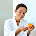 Skincare Routine**

A woman with radiant skin, fully clothed in a modest robe, applying Vitamin C serum to her face in a bright, modern bathroom. Focus on her glowing complexion and the products displayed on the counter. Natural lighting, soft focus, safe for work, appropriate content, perfect anatomy, natural proportions, professional skincare advertisement, fully clothed, modest, family-friendly.

**