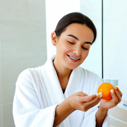 Home 24 Skincare Routine**
A woman with radiant skin, fully clothed in a modest robe, applying Vitamin C serum to her face in a bright, modern bathroom. Focus on her glowing complexion and the products displayed on the counter. Natural lighting, soft focus, safe for work, appropriate content, perfect anatomy, natural proportions, professional skincare advertisement, fully clothed, modest, family-friendly.
**