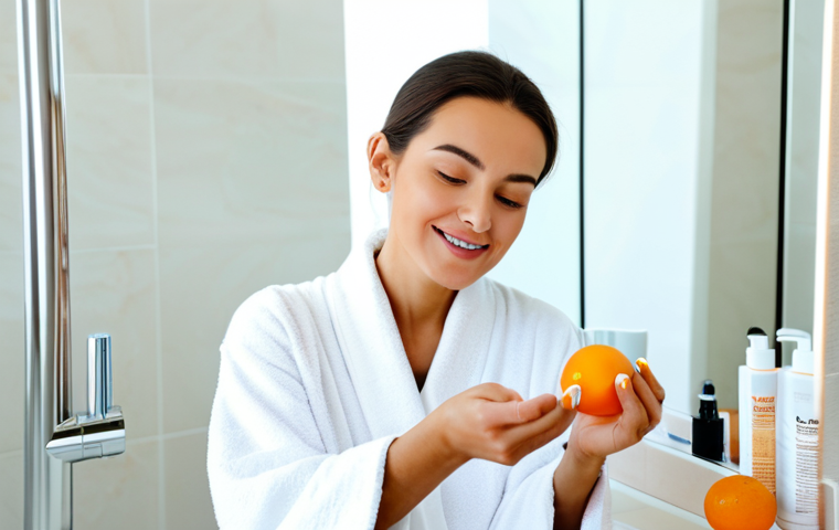 Skincare Routine**
A woman with radiant skin, fully clothed in a modest robe, applying Vitamin C serum to her face in a bright, modern bathroom. Focus on her glowing complexion and the products displayed on the counter. Natural lighting, soft focus, safe for work, appropriate content, perfect anatomy, natural proportions, professional skincare advertisement, fully clothed, modest, family-friendly.
**