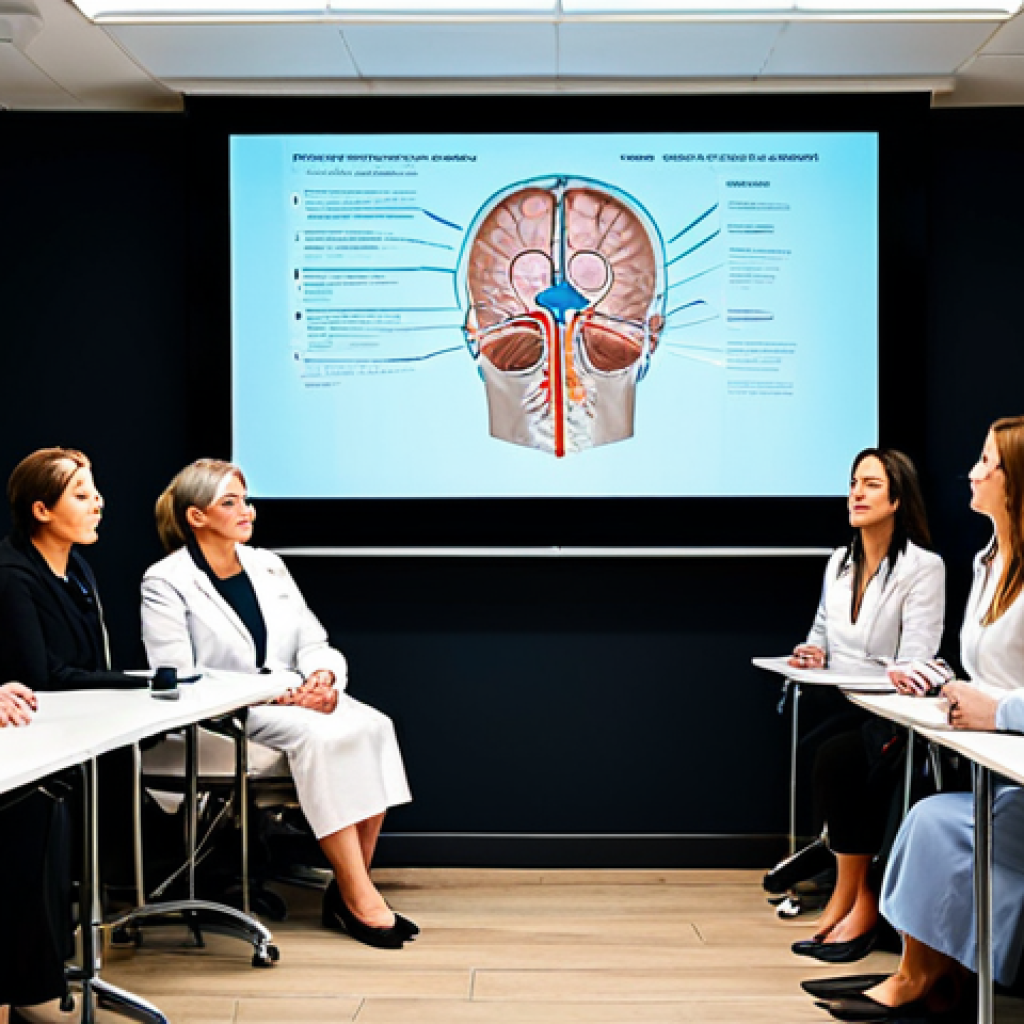 피부관리사의 정기 교육 세미나 참석 이유 - "A group of estheticians attentively listening to a speaker at a professional skincare seminar, full...