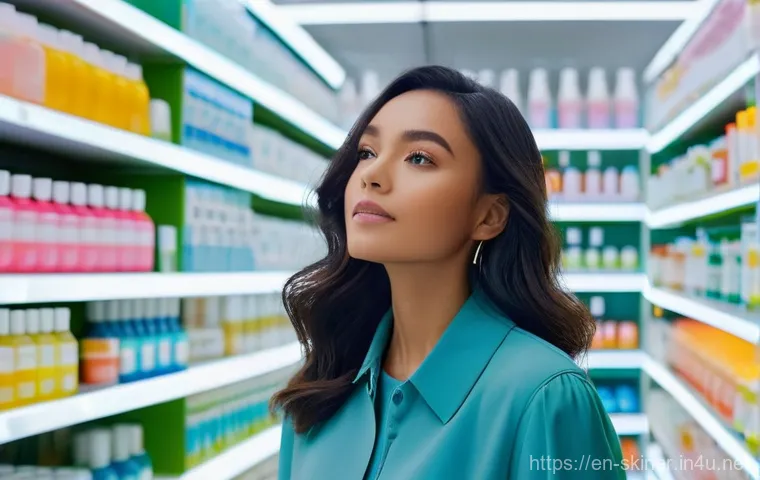 피부관리 제품 성분 분석과 사용법 - **Prompt:** "A young adult woman, dressed in smart casual wear, stands thoughtfully in a bright, mod...