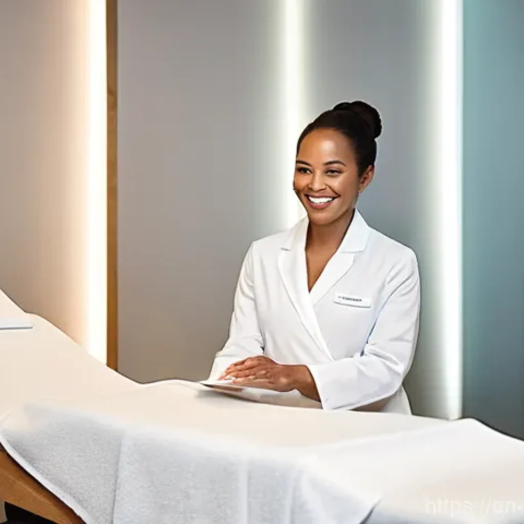 피부관리사로서의 소셜미디어 리뷰 관리 - **Prompt:** A friendly female esthetician, appearing to be in her mid-30s, with a warm and genuine s...