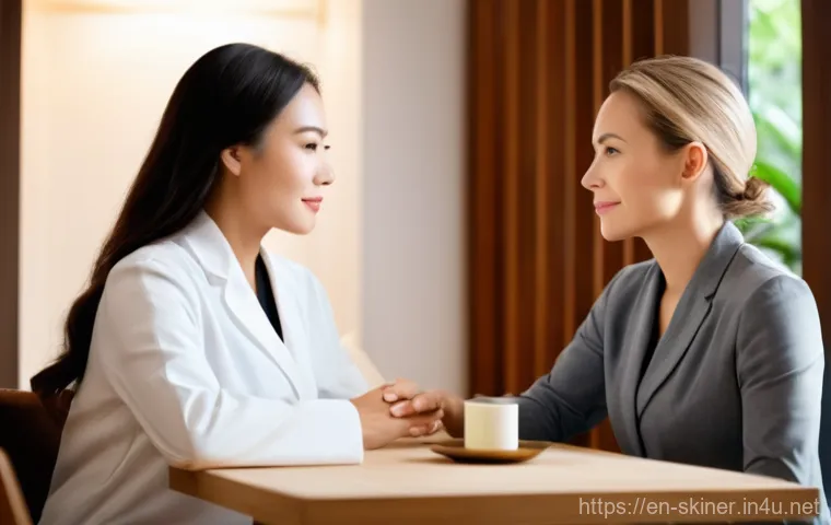 피부관리사로서의 소셜미디어 리뷰 관리 - **Prompt:** A friendly female esthetician, appearing to be in her mid-30s, with a warm and genuine s...