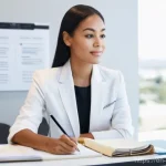 피부관리사 경력직 이직 성공 사례 - **Prompt:** A serene and contemplative female esthetician, dressed in stylish but professional busin...