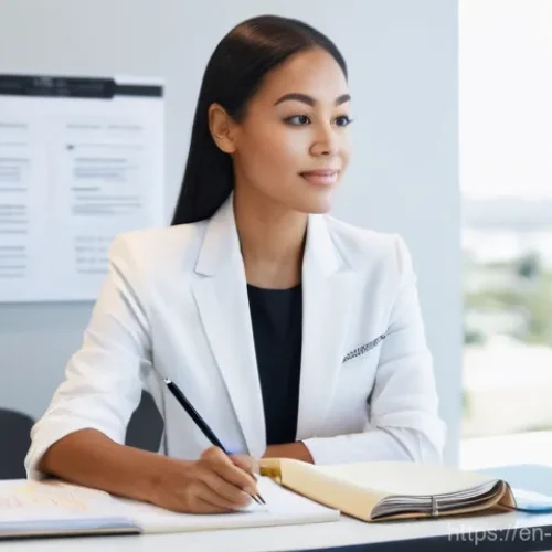 피부관리사 경력직 이직 성공 사례 - **Prompt:** A serene and contemplative female esthetician, dressed in stylish but professional busin...
