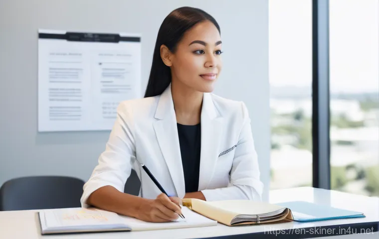 피부관리사 경력직 이직 성공 사례 - **Prompt:** A serene and contemplative female esthetician, dressed in stylish but professional busin...