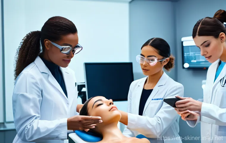 피부관리사 경력직 이직 성공 사례 - **Prompt:** A serene and contemplative female esthetician, dressed in stylish but professional busin...