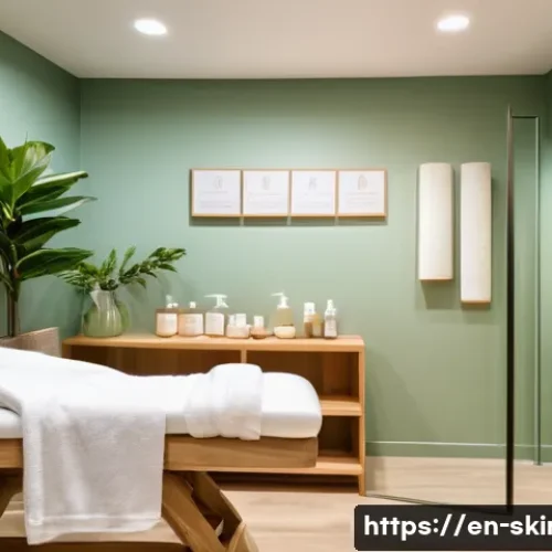피부관리사의 직업 만족도 높이기 - A serene skincare treatment room with soft, warm lighting and natural wood accents, featuring a frie...