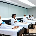 피부관리사 학원 선택 기준 - A modern esthetician classroom with a small group of diverse adult students practicing facial treatm...