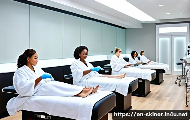 피부관리사 학원 선택 기준 - A modern esthetician classroom with a small group of diverse adult students practicing facial treatm...