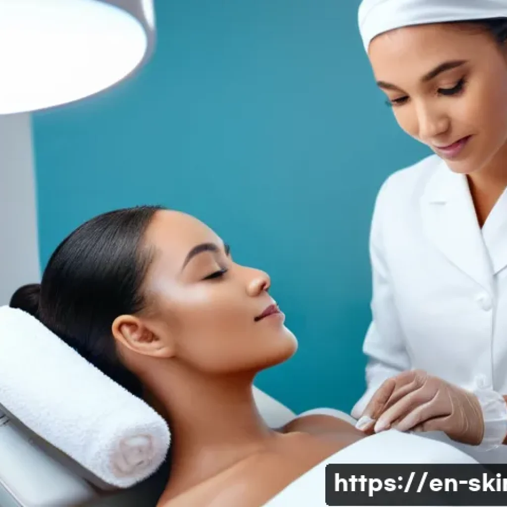 피부관리사 현직자 인터뷰 - A modern skincare clinic interior featuring a professional esthetician performing a detailed skin an...