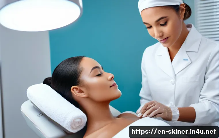 피부관리사 현직자 인터뷰 - A modern skincare clinic interior featuring a professional esthetician performing a detailed skin an...