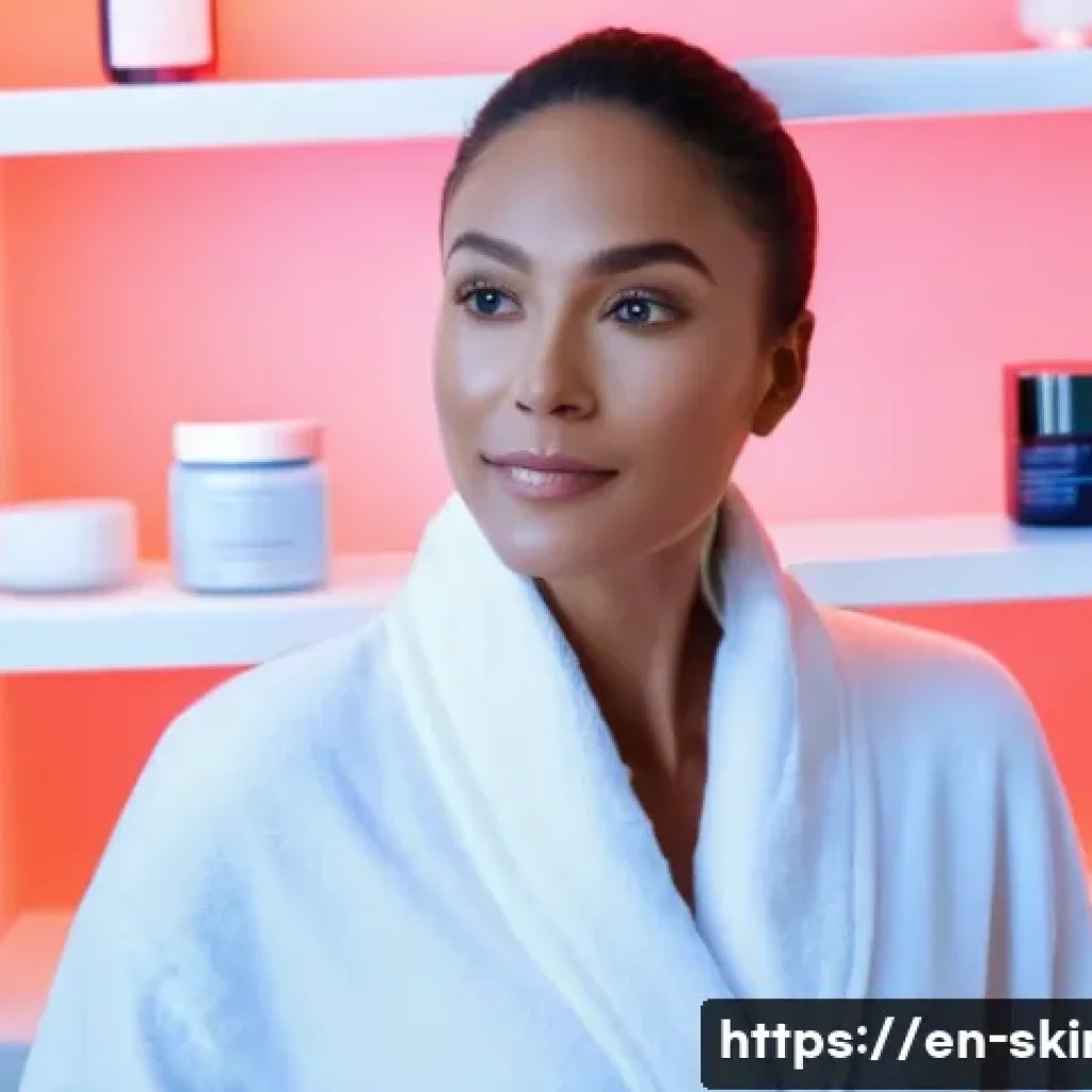 피부관리사의 최신 장비 체험기 - A modern, minimalistic skincare room featuring a serene woman in her mid-30s wearing a comfortable w...