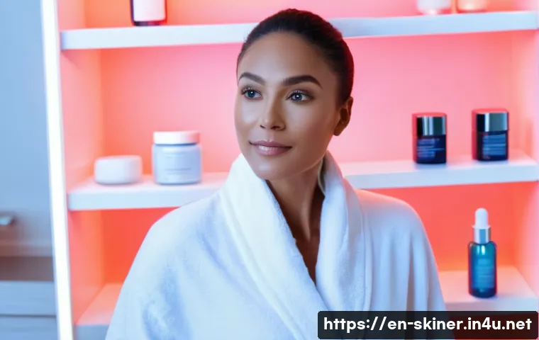 피부관리사의 최신 장비 체험기 - A modern, minimalistic skincare room featuring a serene woman in her mid-30s wearing a comfortable w...