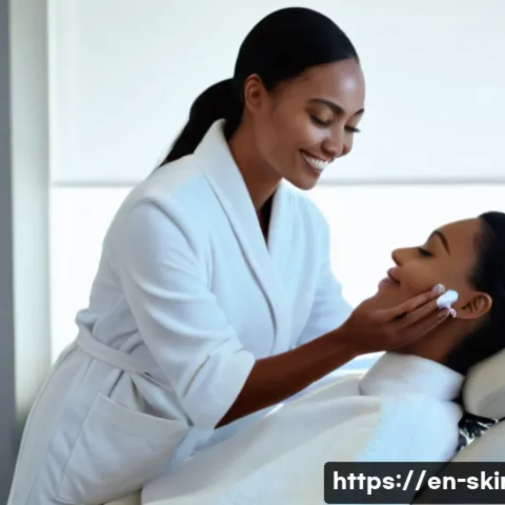 피부관리 실기 시험에서의 실수 피하기 - A professional skincare therapist calmly communicating with a female client in a modern spa treatmen...