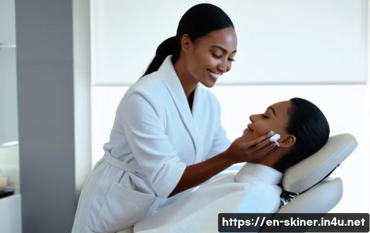 피부관리 실기 시험에서의 실수 피하기 - A professional skincare therapist calmly communicating with a female client in a modern spa treatmen...
