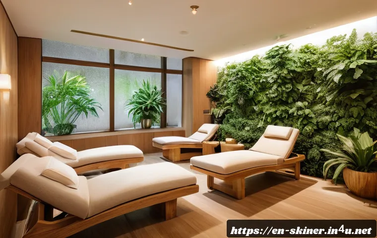 피부관리사로서의 클리닉 환경 조성 팁 - A serene spa waiting room featuring soft, warm adjustable LED lighting and dimmable lamps casting a ...