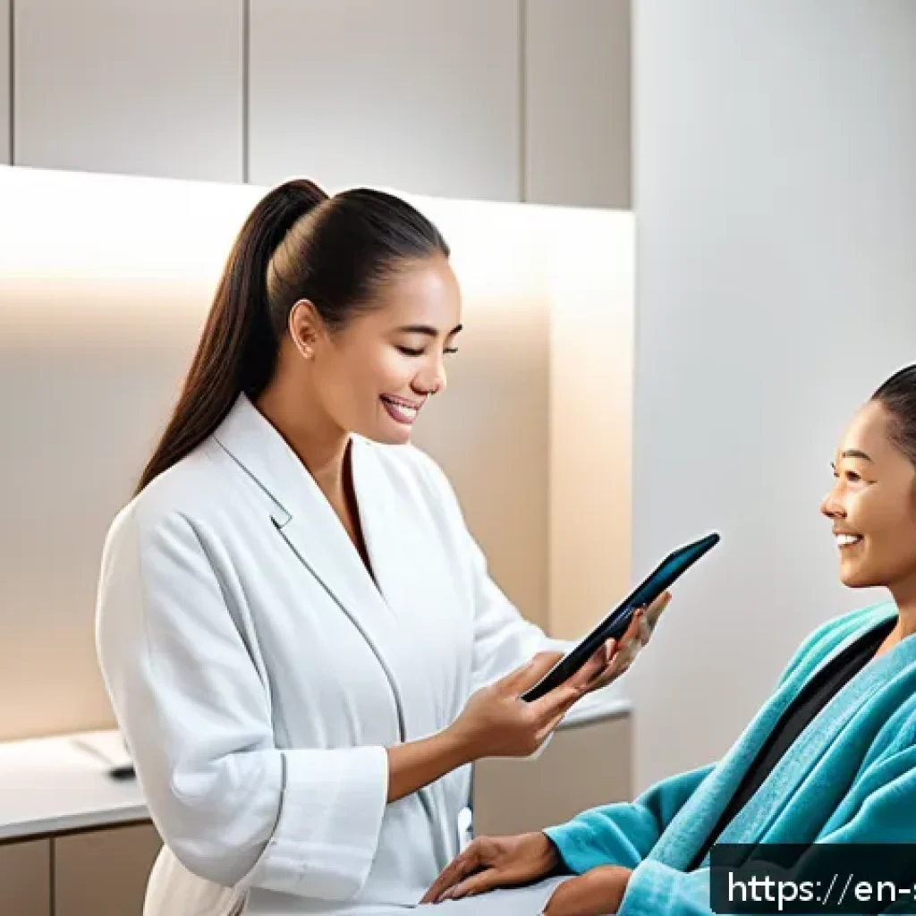 피부관리사로 성장하기 위한 학습법 - A serene, modern skincare consultation room with a professional esthetician attentively listening to...
