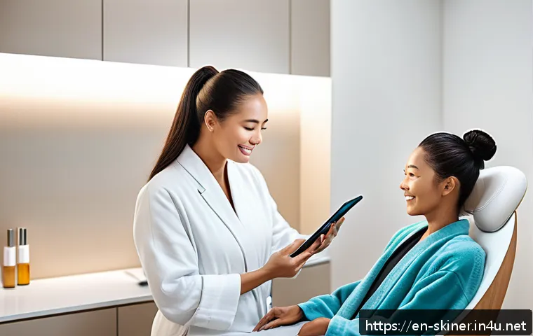 피부관리사로 성장하기 위한 학습법 - A serene, modern skincare consultation room with a professional esthetician attentively listening to...