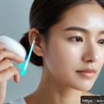 피부관리 고객별 피부타입 진단 사례 - A detailed close-up portrait of a young woman in her mid-20s with visibly oily skin, wearing a clean...