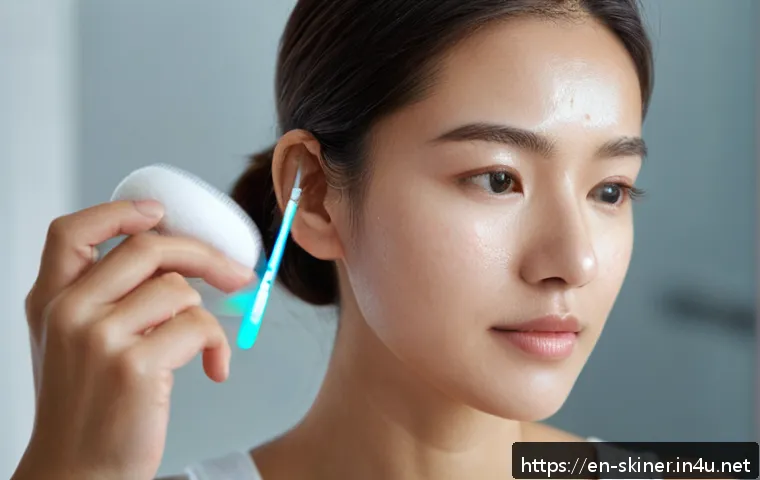 피부관리 고객별 피부타입 진단 사례 - A detailed close-up portrait of a young woman in her mid-20s with visibly oily skin, wearing a clean...