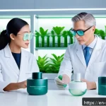 피부관리 제품 및 기술의 발전사 - A modern skincare laboratory scene featuring a diverse group of scientists and AI-powered machines a...