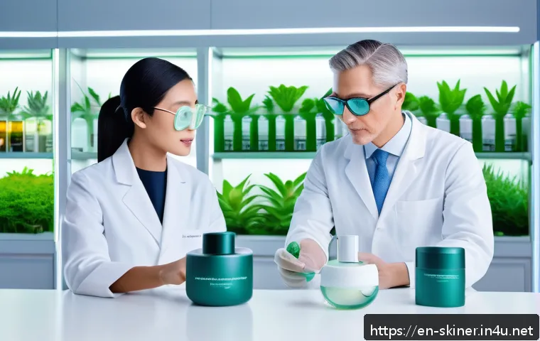 피부관리 제품 및 기술의 발전사 - A modern skincare laboratory scene featuring a diverse group of scientists and AI-powered machines a...