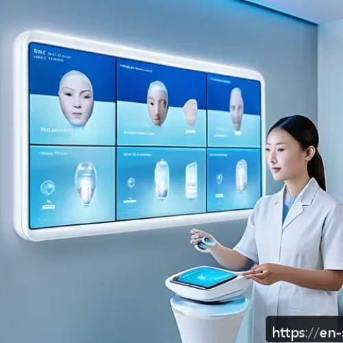 피부관리사의 고객별 데이터 분석 사례 - A futuristic skincare clinic interior featuring diverse clients undergoing dynamic skin profiling wi...