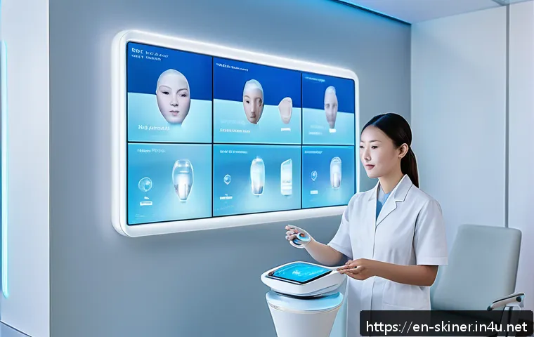 피부관리사의 고객별 데이터 분석 사례 - A futuristic skincare clinic interior featuring diverse clients undergoing dynamic skin profiling wi...