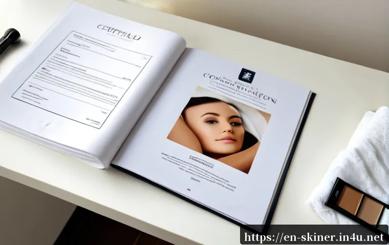 피부관리사 포트폴리오에 포함할 항목 - Photorealistic overhead view of a professional esthetician portfolio arranged on a pristine white sp...